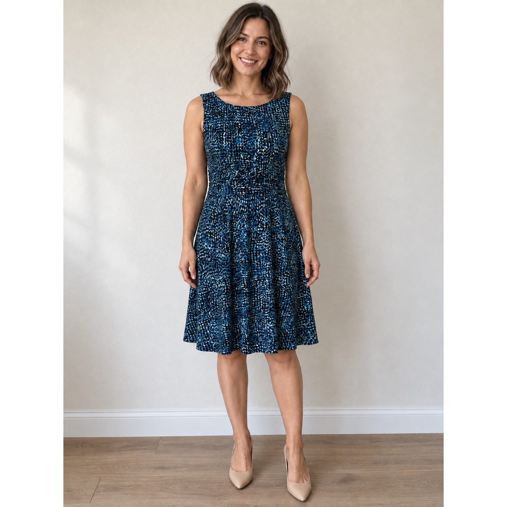 Jessica Howard Blue Black Abstract Print Fit Flare Dress 6P Petite Sleeveless